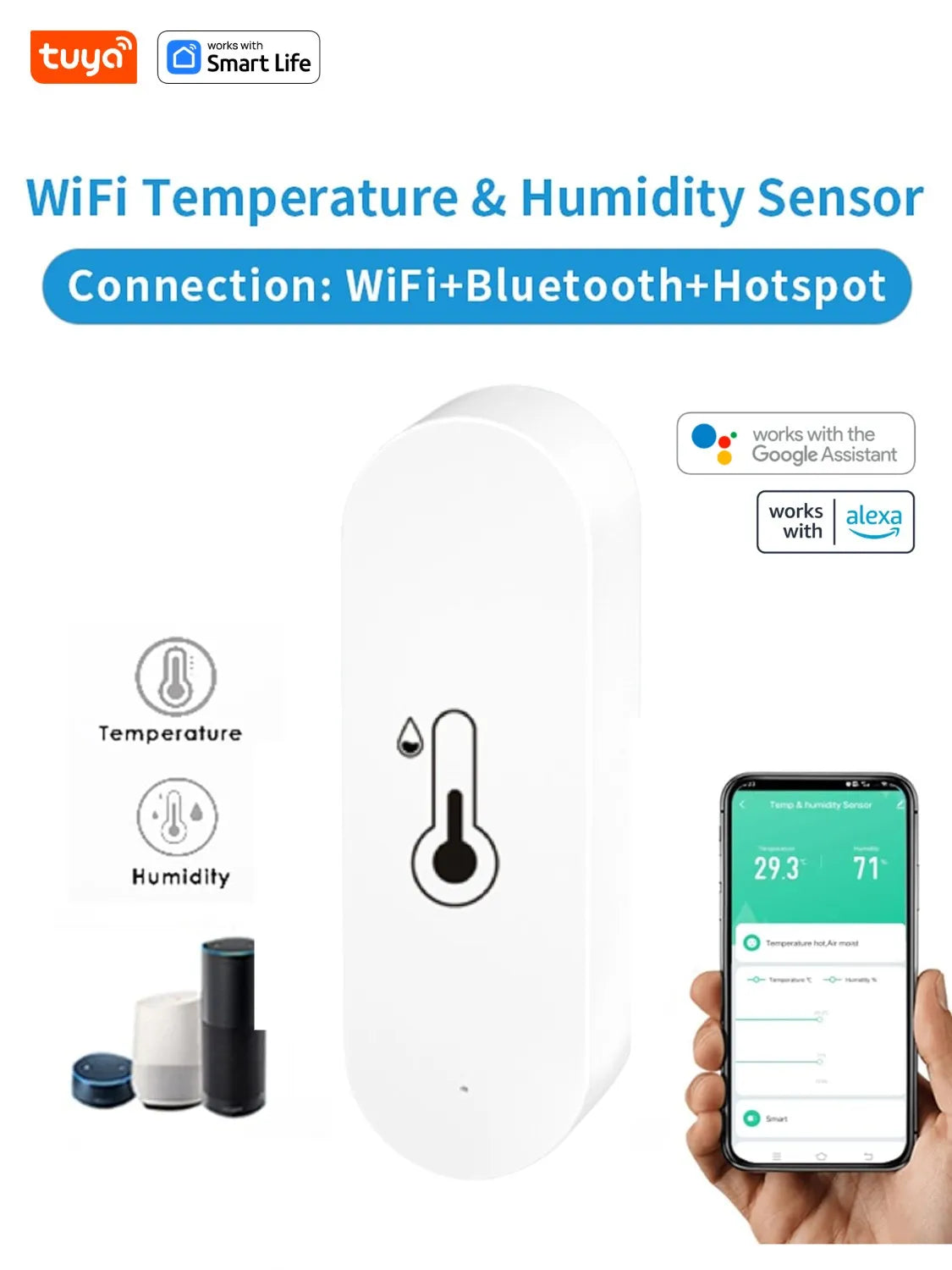 Tuya Wifi Temperature and Humidity Sensor Indoor Humidity Sensor Battery Powered APP Monitoring for Alexa Google Home Voice