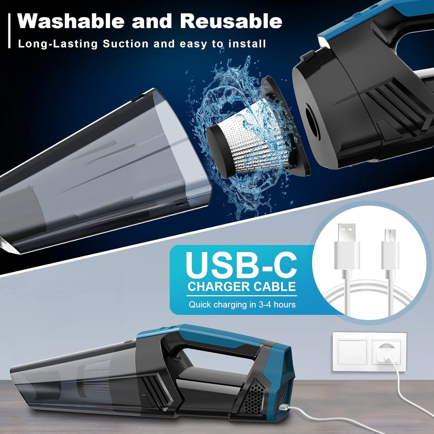Cordless Car Vacuum Lightweight High Power Handheld Vacuum Cleaner with LED Light, Hand Vacuum for Car Home Office and Pet Hair, Indigo Blue