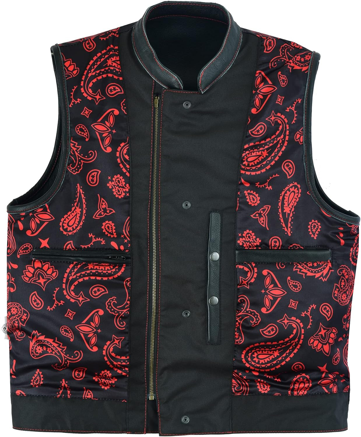 Mens Black Motorcycle Vests - SOA Club & Traditional Paisley Satin Liner Leather Biker Vests