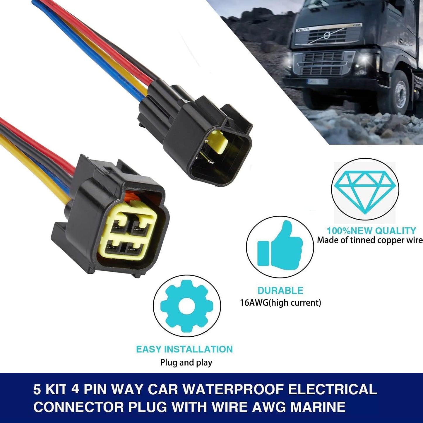 4 Pin Waterproof Connector,Waterproof Electrical Car Auto Wire Connector,16Awg Male Female Quick Disconnect Wire Connectors for Car Truck Motorcycle Marine Boat(5Pack)
