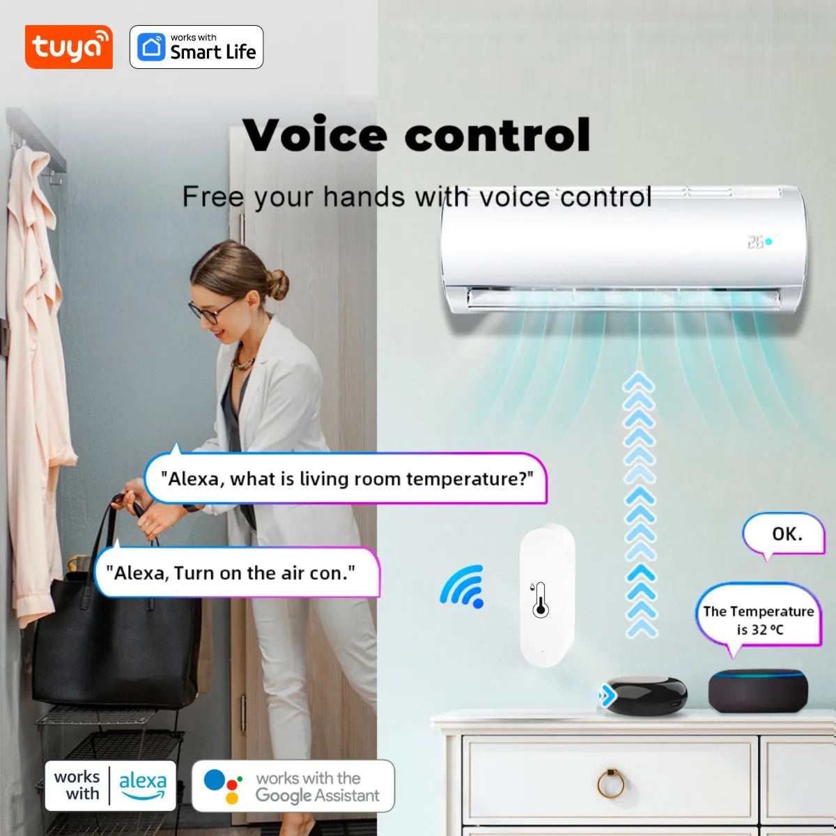 Tuya Wifi Temperature and Humidity Sensor Indoor Humidity Sensor Battery Powered APP Monitoring for Alexa Google Home Voice