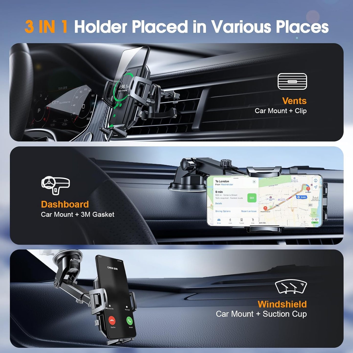 Car Phone Holder Mount, Strongest Suction Cell Phone Car Mount for Dashboard&Windshield&Vent Car Mount for Iphone and Android Phone