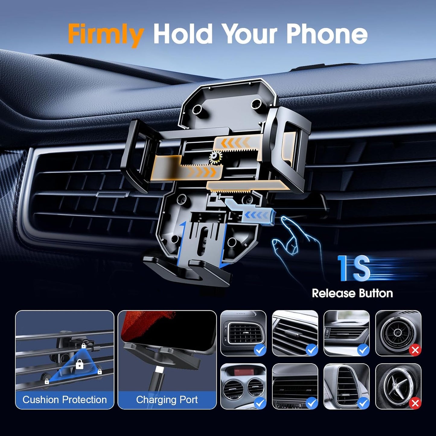 Car Phone Holder Mount, Strongest Suction Cell Phone Car Mount for Dashboard&Windshield&Vent Car Mount for Iphone and Android Phone