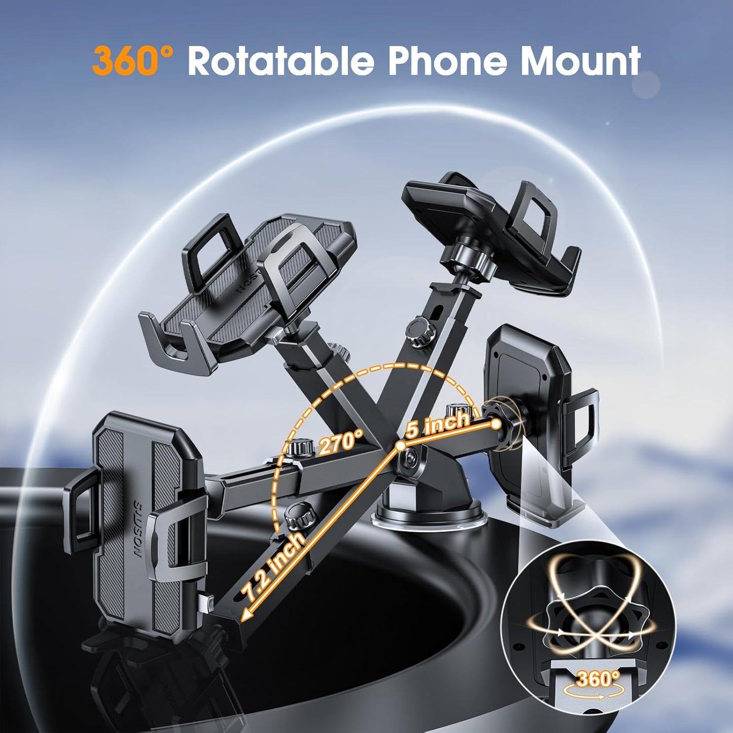 Car Phone Holder Mount, Strongest Suction Cell Phone Car Mount for Dashboard&Windshield&Vent Car Mount for Iphone and Android Phone