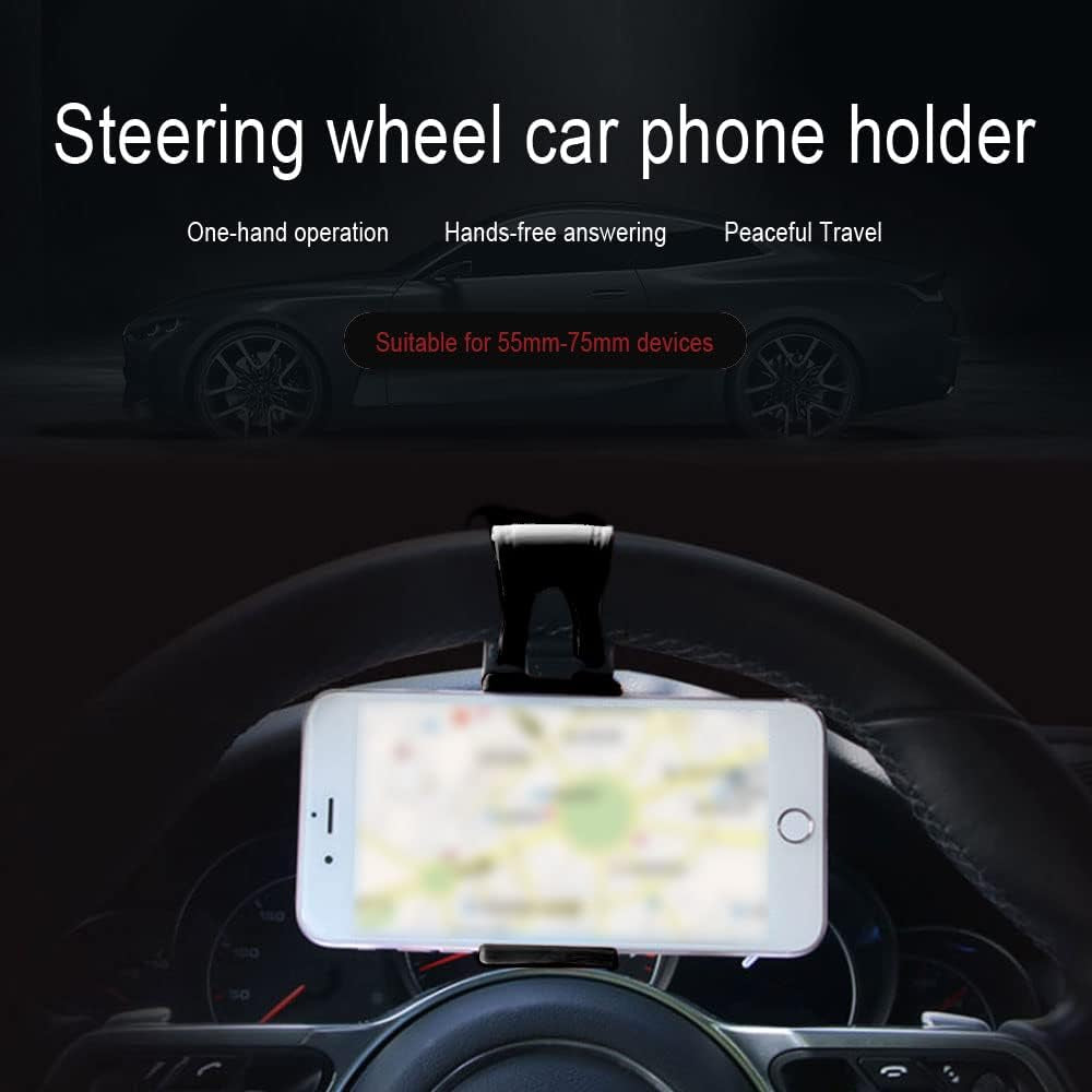 Car Phone Holder - Adjustable Car Cradle, Steering Wheel Phone Mount, Universal Mobile Phone Mount, Hands Free Automobile Cell Phone Holder for Most Steering Wheels (Black)