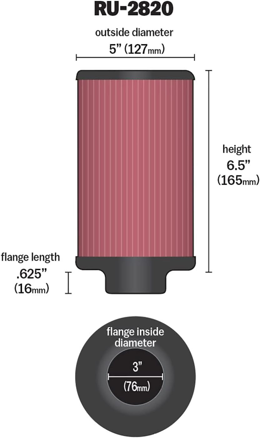 High-Flow Original Lifetime Universal Clamp-On Air Filter: High Performance, Premium, Washable: Flange Diameter: 3 In, Filter Height: 6.5 In, Flange Length: 0.625 In, Shape: Round, RU-2820