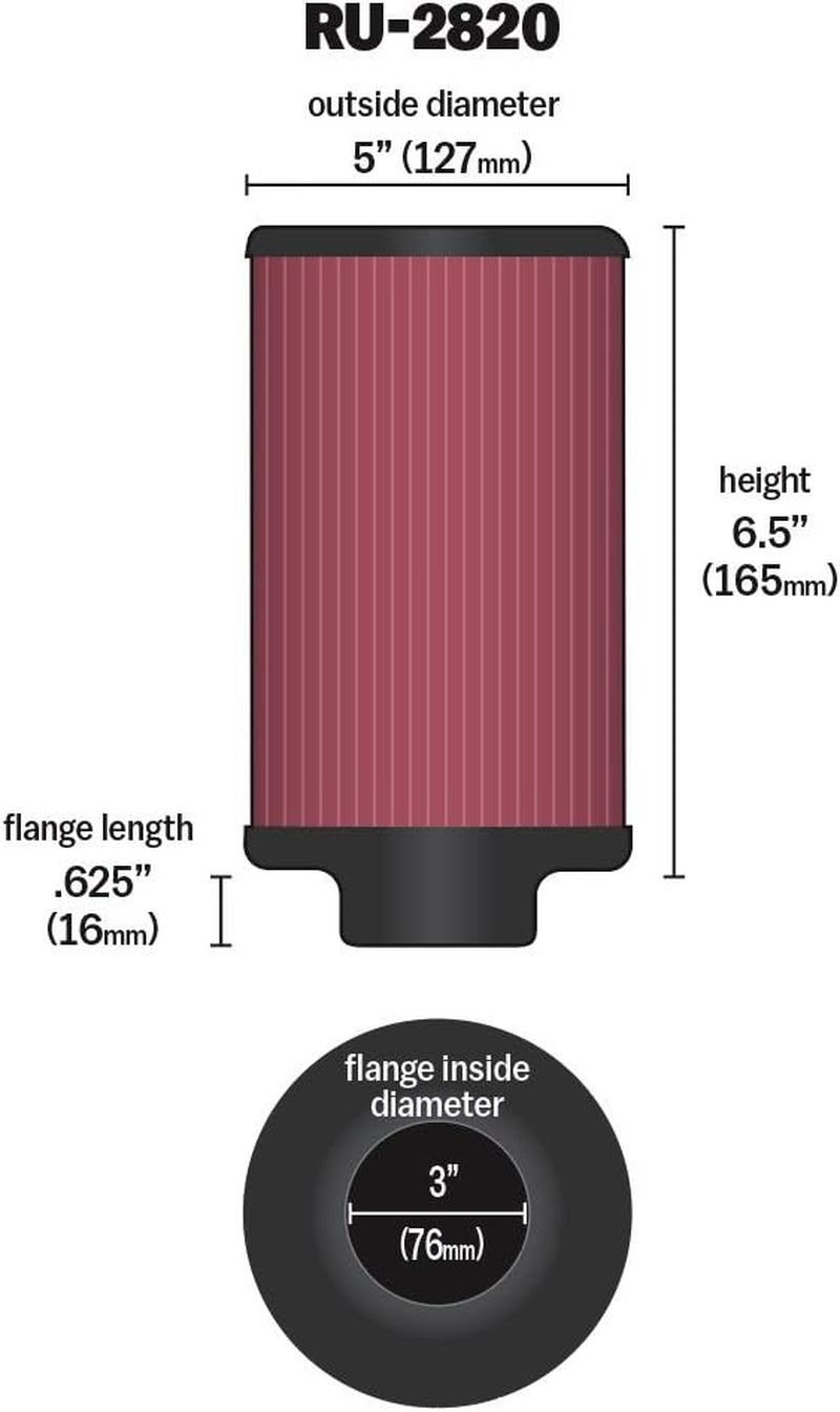 High-Flow Original Lifetime Universal Clamp-On Air Filter: High Performance, Premium, Washable: Flange Diameter: 3 In, Filter Height: 6.5 In, Flange Length: 0.625 In, Shape: Round, RU-2820