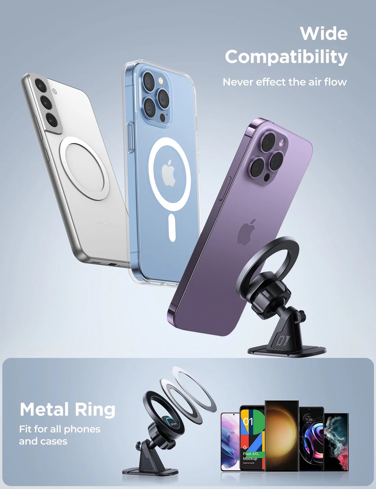 (2 Pack) 2 in 1 Magnetic Phone Holder for Car, Air Vent & Dashboard Car Phone Holder for Iphone, Compatible for Magsafe Car Mount, Fit for Iphone 16 15 14 13 12 Pro Max