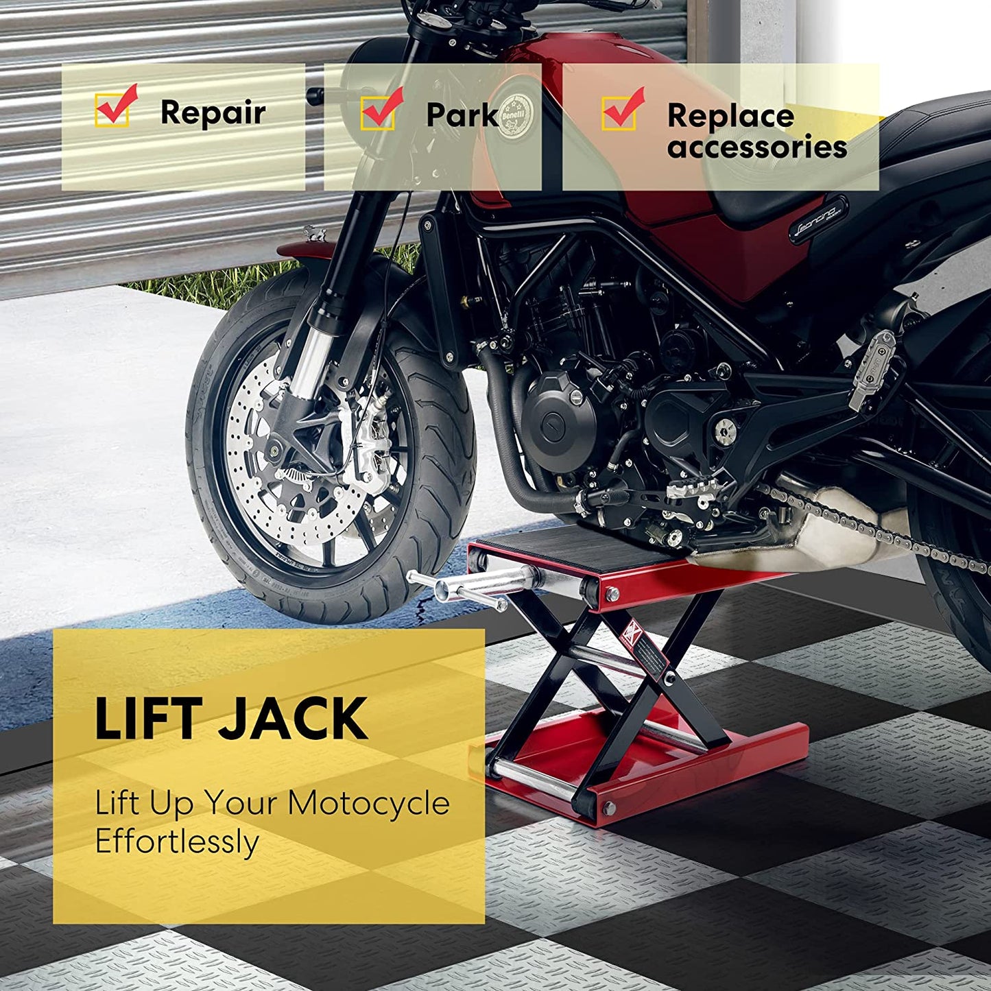 Motorcycle Lift Scissor Jack Steel Wide Deck Hoist Crank Center Stand 1100 LBS Capacity for Motorcycles, Atvs, Dirt Bikes Red