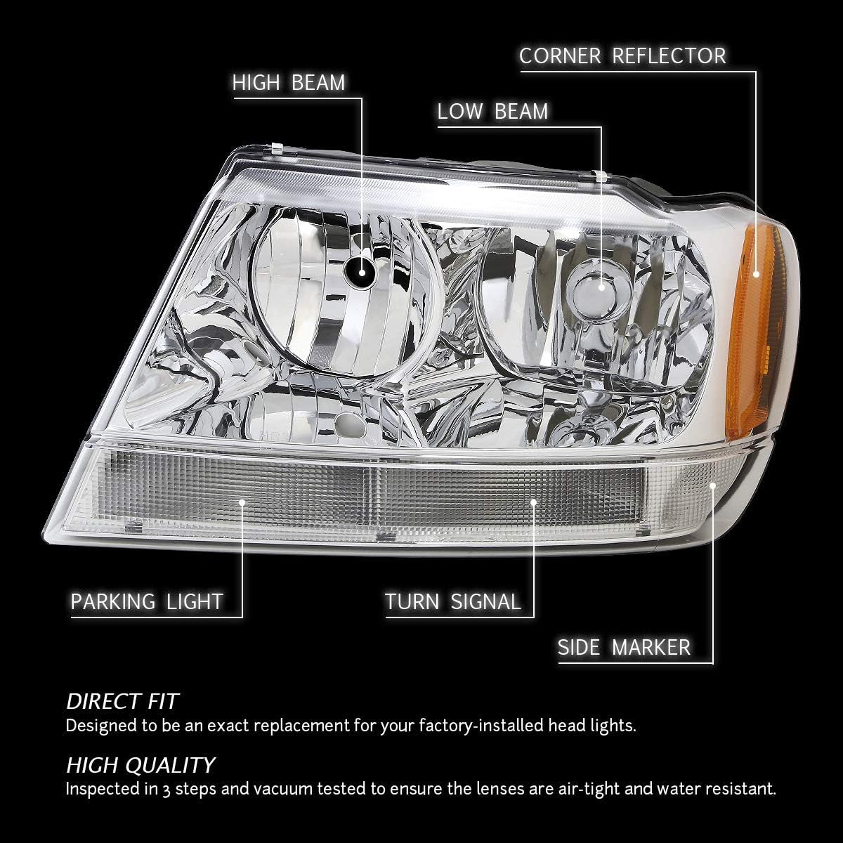 HL-OH-JGC99-CH-AM Chrome Amber Headlights Assembly Replacement Compatible with 99-04 Jeep Grand Cherokee