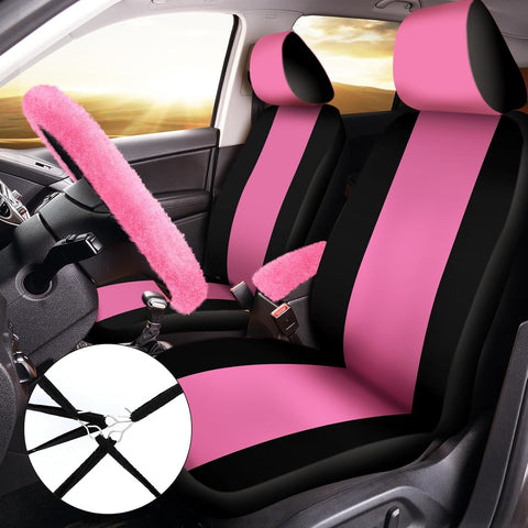 20 Pcs Car Seat Covers Full Set Car Accessories Includes Seat Protectors Fluffy Steering Wheel Cover Belt Shoulder Pads Handbrake Gear Cover Armrest Pad Women Men(Pink and Black)