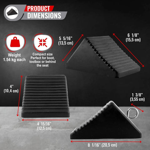 AFA Tooling - Heavy Duty Rubber Wheel Chocks W/Eyebolt Tie off Handles - RV Wheel Chock for Front & Back Tires - Quick Grip Ribbed Design - Great for Your Camper, Trailer, RV, Truck, Car, ATV - 4 Pack