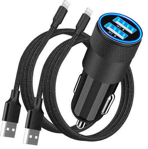 【Mfi Certified】Iphone Car Charger Fast Charging,  4.8A Dual USB Smart Power Cigarette Lighter USB Car Charger with 2Pack Lightning Braided Cable for Iphone 14 13 12 11 Pro XS Mini XR X SE Ipad