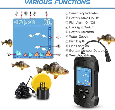 Portable Water Fish Finder Transducer Wired Handheld Depth Finder Sonar LCD Display Fish Finders Kayak FF068
