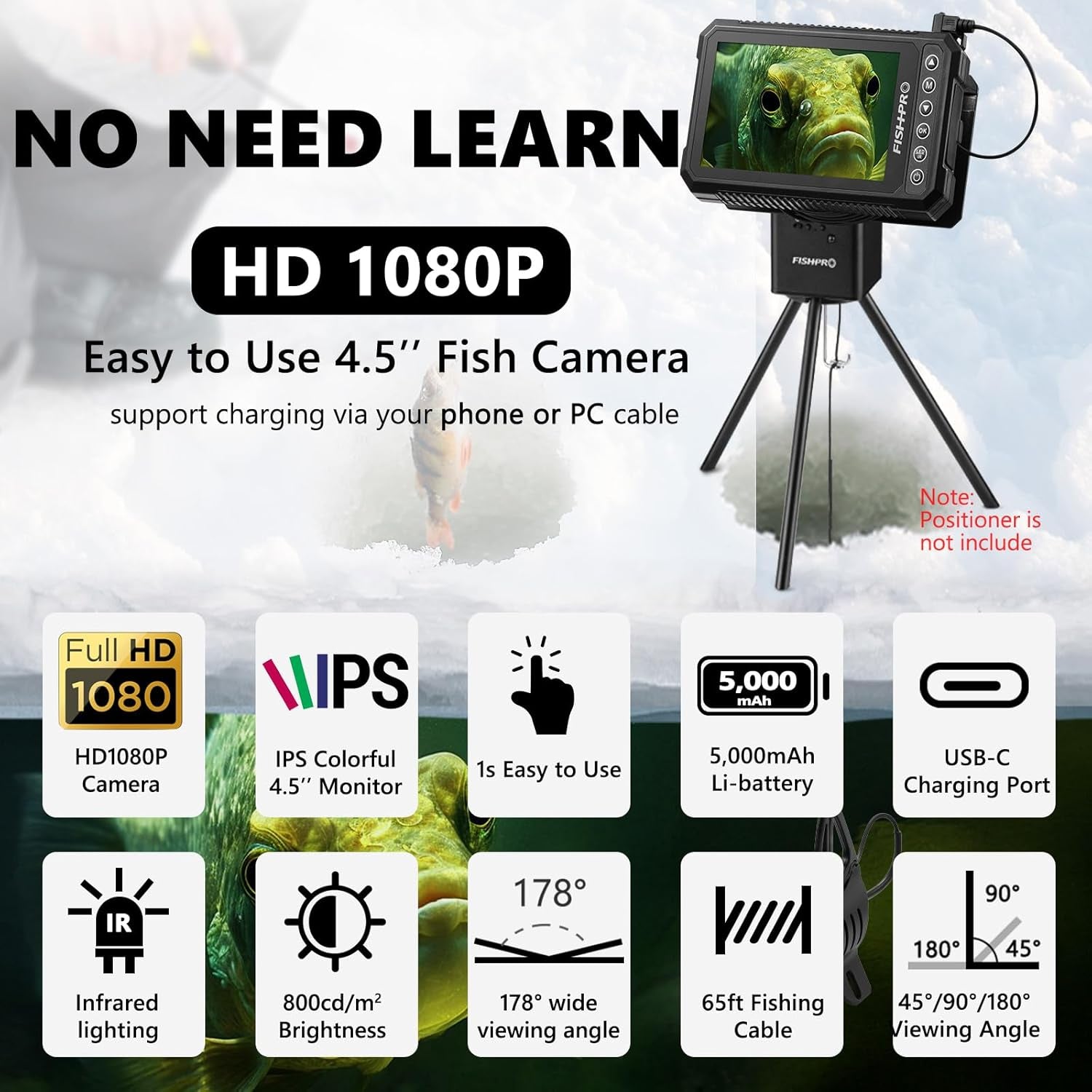 [® 2025 Upgrade] 4.5'' True HD 1080P Underwater Fishing Camera (Plug & Play) - Ice Fishing Camera Underwater W/ 5,000Mah, USB-C, IR+LED, Fish Finder Camera for Ice/Lake/Boat Fishing, 20M/66Ft
