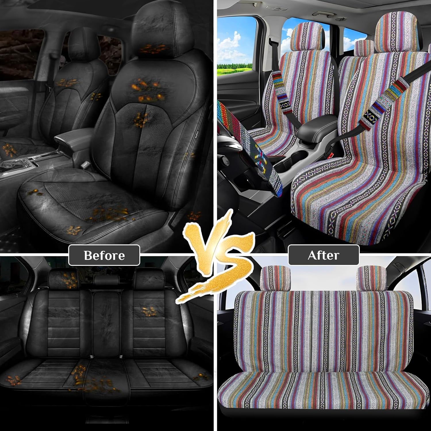 Boho Car Seat Covers Baja Saddle Blanket Seat Covers Full Set, Striped Woven Cloth Seat Covers for Cars with Seat Belt Pads and Steering Wheel Cover, Universal Fit for Sedan, SUV, Truck
