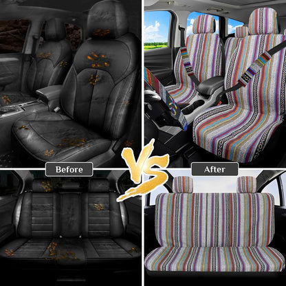 Boho Car Seat Covers Baja Saddle Blanket Seat Covers Full Set, Striped Woven Cloth Seat Covers for Cars with Seat Belt Pads and Steering Wheel Cover, Universal Fit for Sedan, SUV, Truck