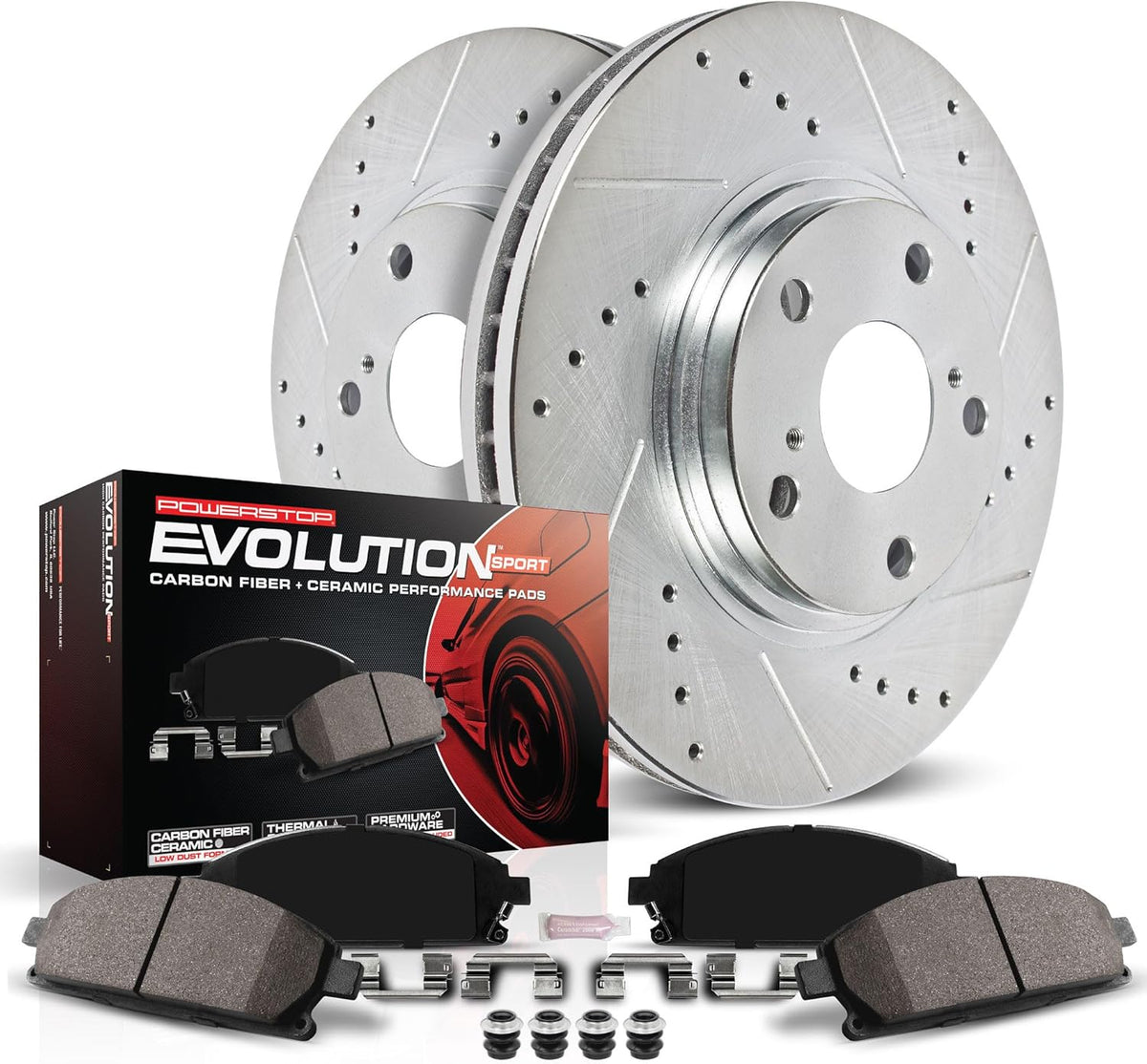 K2126 Front Z23 Carbon Fiber Brake Pads with Drilled & Slotted Brake Rotors Kit for Dodge Ram 1500 1994-1999 [Model Specific]