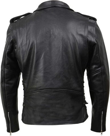 SH1011 Men'S Classic Brando Premium Leather Black Motorcycle Riders Leather Jacket W/Side Laces