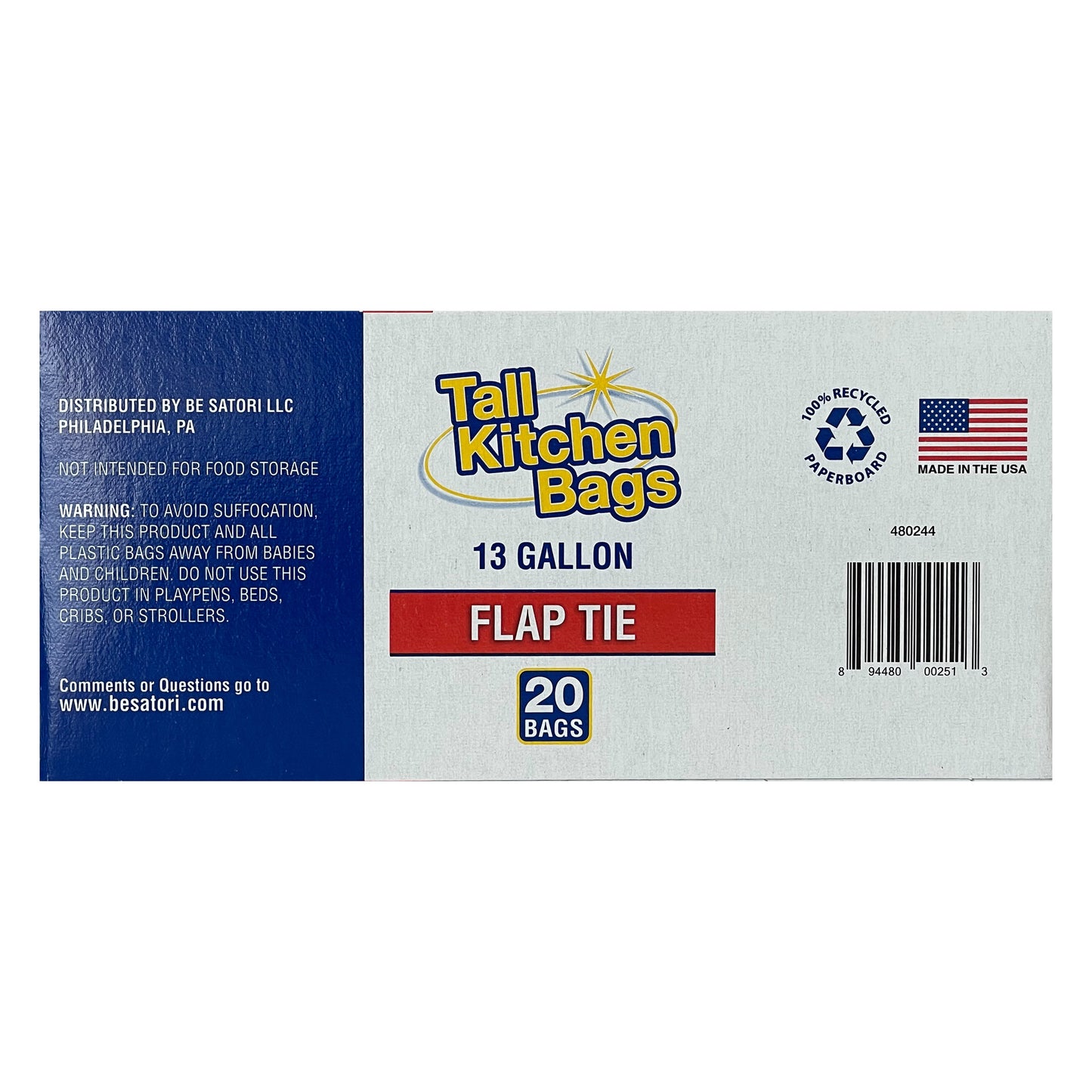 (3 Pack)  Basic Kitchen Trash Bags, 13 Gallon, 20 Bags (Flap Tie)