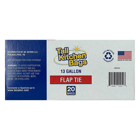 (3 Pack)  Basic Kitchen Trash Bags, 13 Gallon, 20 Bags (Flap Tie)