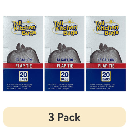 (3 Pack)  Basic Kitchen Trash Bags, 13 Gallon, 20 Bags (Flap Tie)