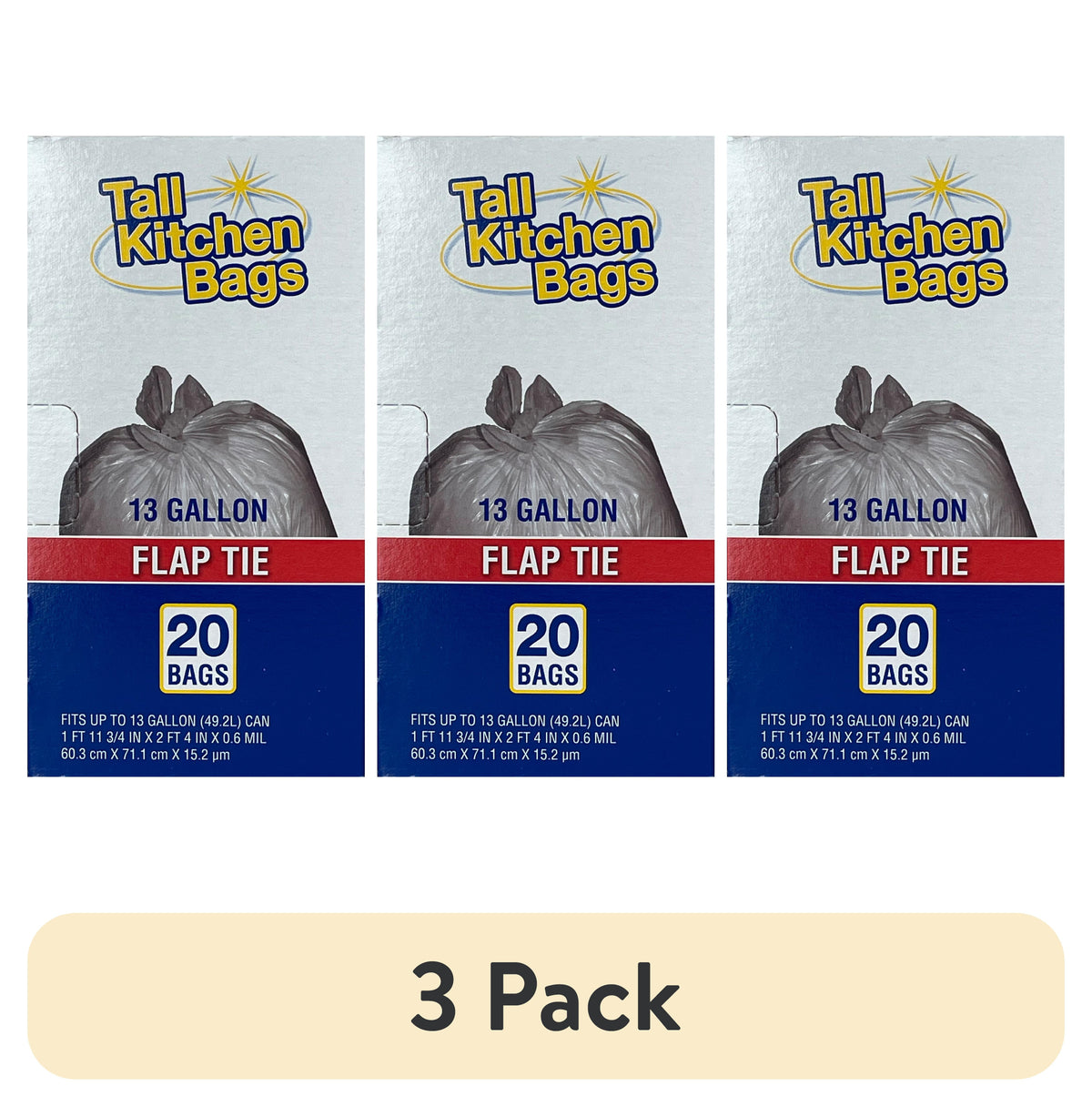 (3 Pack)  Basic Kitchen Trash Bags, 13 Gallon, 20 Bags (Flap Tie)
