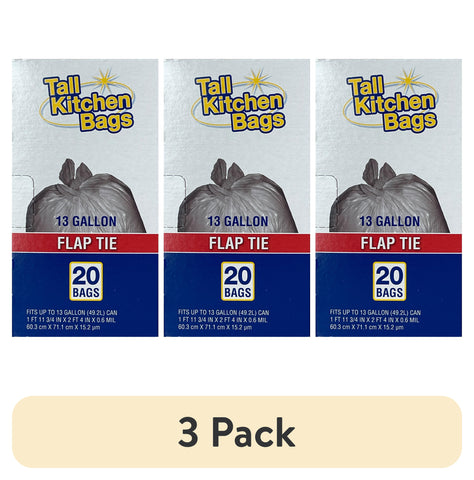 (3 Pack)  Basic Kitchen Trash Bags, 13 Gallon, 20 Bags (Flap Tie)