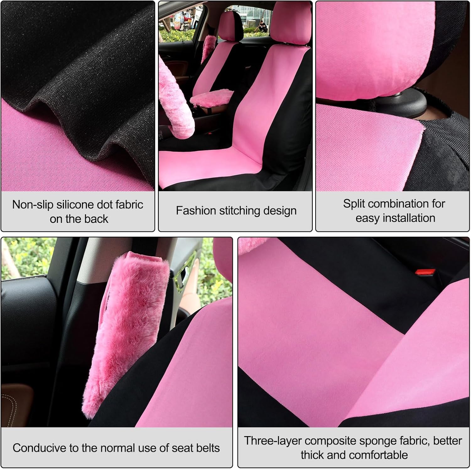 20 Pcs Car Seat Covers Full Set Car Accessories Includes Seat Protectors Fluffy Steering Wheel Cover Belt Shoulder Pads Handbrake Gear Cover Armrest Pad Women Men(Pink and Black)
