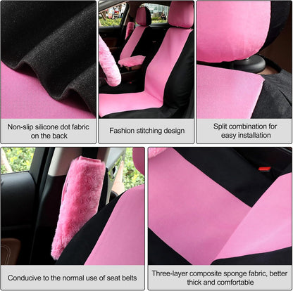 20 Pcs Car Seat Covers Full Set Car Accessories Includes Seat Protectors Fluffy Steering Wheel Cover Belt Shoulder Pads Handbrake Gear Cover Armrest Pad Women Men(Pink and Black)