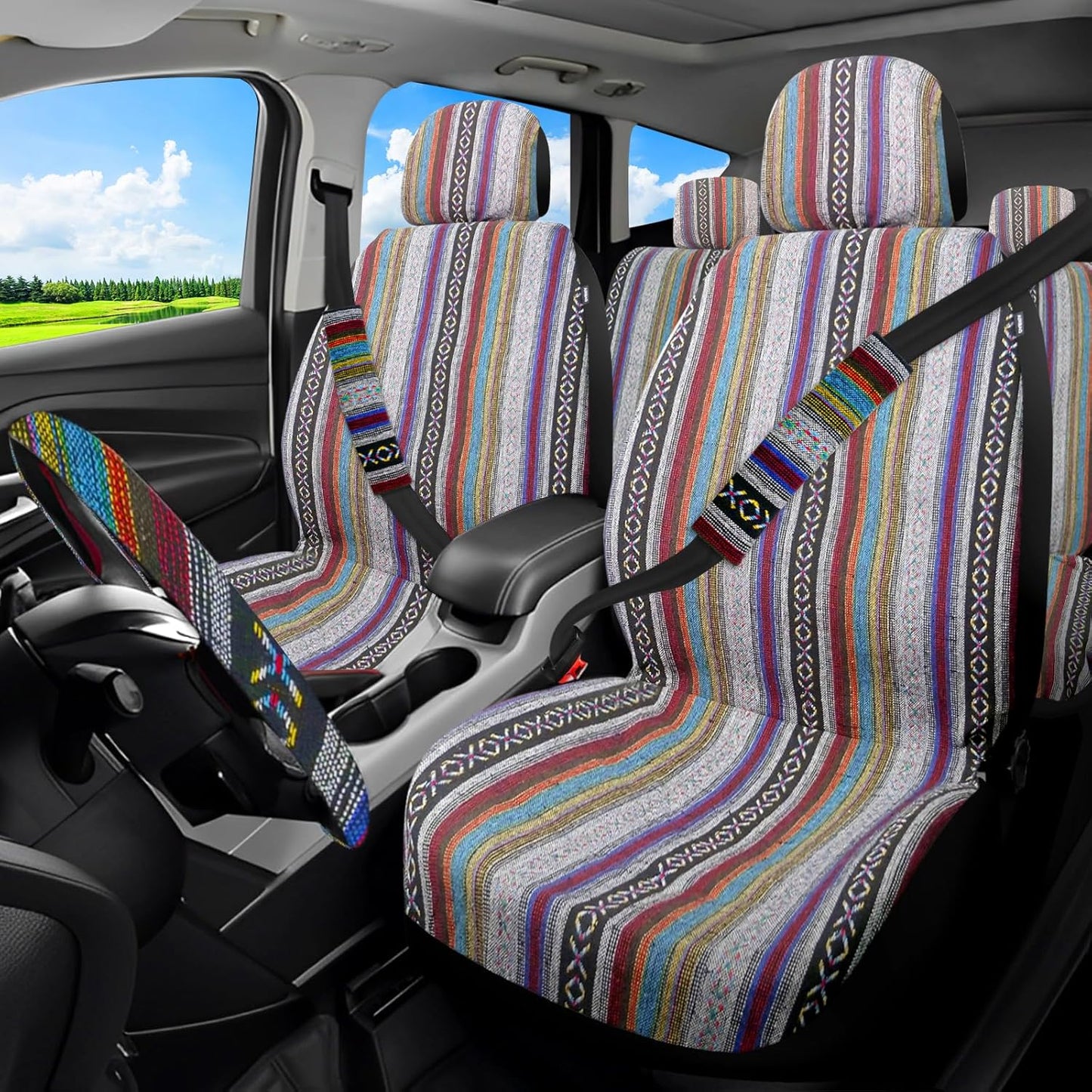 Boho Car Seat Covers Baja Saddle Blanket Seat Covers Full Set, Striped Woven Cloth Seat Covers for Cars with Seat Belt Pads and Steering Wheel Cover, Universal Fit for Sedan, SUV, Truck