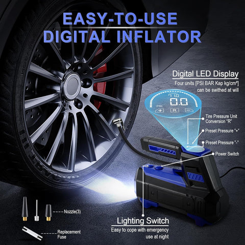 Tire Inflator Portable Air Compressor for Car Tires - Car Accessories, 12V DC Air Pump with Digital Tire Pressure Gauge, Max 150PSI with Emergency LED Lights for Car, Camper, RV, Truck