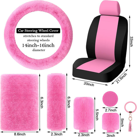20 Pcs Car Seat Covers Full Set Car Accessories Includes Seat Protectors Fluffy Steering Wheel Cover Belt Shoulder Pads Handbrake Gear Cover Armrest Pad Women Men(Pink and Black)