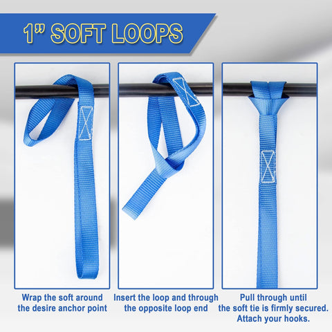 16 Pack 1"X18" Soft Loop Motorcycle Tie down Straps 3600Lbs Load Capacity Tie-Down Loops for Secure Trailering of Bikes, ATV, Lawn Equipment, Blue