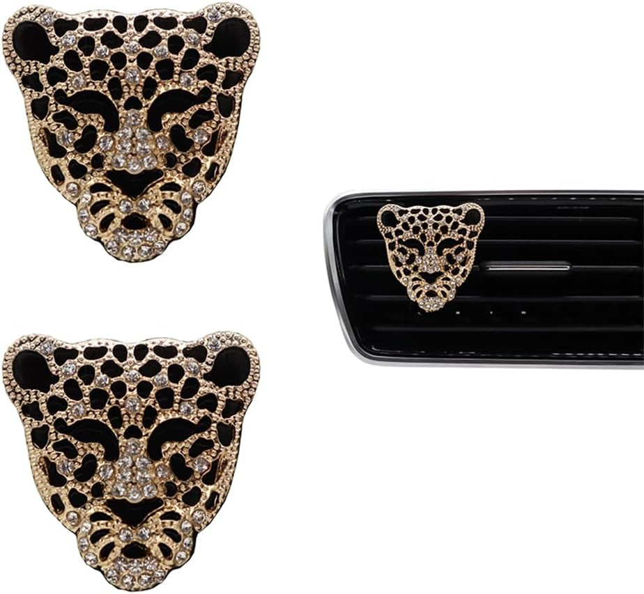 Leopard Car Accessories,2Pcs Golden Leopard Head Car Air Freshener Vent Clip for Women Teens,Refillable Essential Oils Perfumes Diffuser