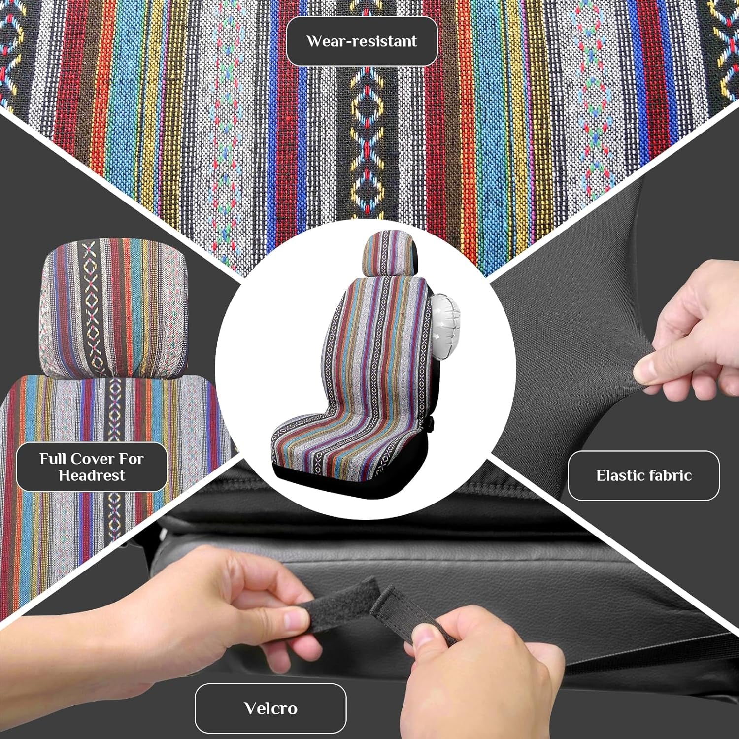 Boho Car Seat Covers Baja Saddle Blanket Seat Covers Full Set, Striped Woven Cloth Seat Covers for Cars with Seat Belt Pads and Steering Wheel Cover, Universal Fit for Sedan, SUV, Truck