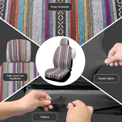 Boho Car Seat Covers Baja Saddle Blanket Seat Covers Full Set, Striped Woven Cloth Seat Covers for Cars with Seat Belt Pads and Steering Wheel Cover, Universal Fit for Sedan, SUV, Truck