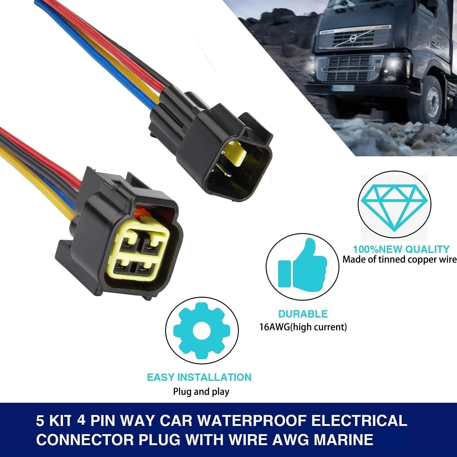 4 Pin Waterproof Connector,Waterproof Electrical Car Auto Wire Connector,16Awg Male Female Quick Disconnect Wire Connectors for Car Truck Motorcycle Marine Boat(5Pack)