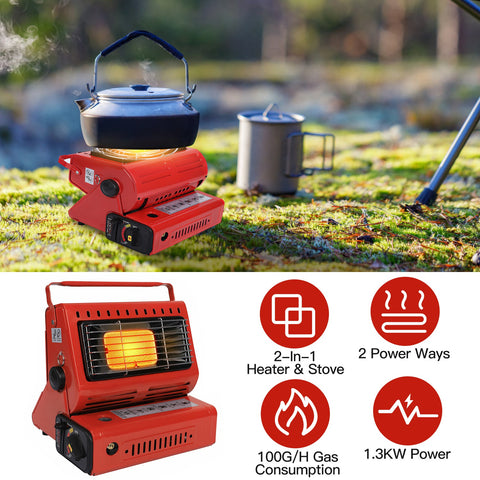 2 in 1 Portable Butane Burner Heater Outdoor Butane Gas Heater Warmer Heating Cooking Stove Cooker for Camping Fishing RV Travel