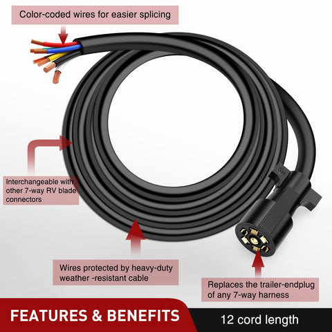 12Feet 7Way Heavy Duty 7 Pin Plug Inline Trailer Cord for Truck Camper Blade Molded RV Cable Wire Weatherproof & Corrosion Resistant-12Ft, 2 Years Warranty