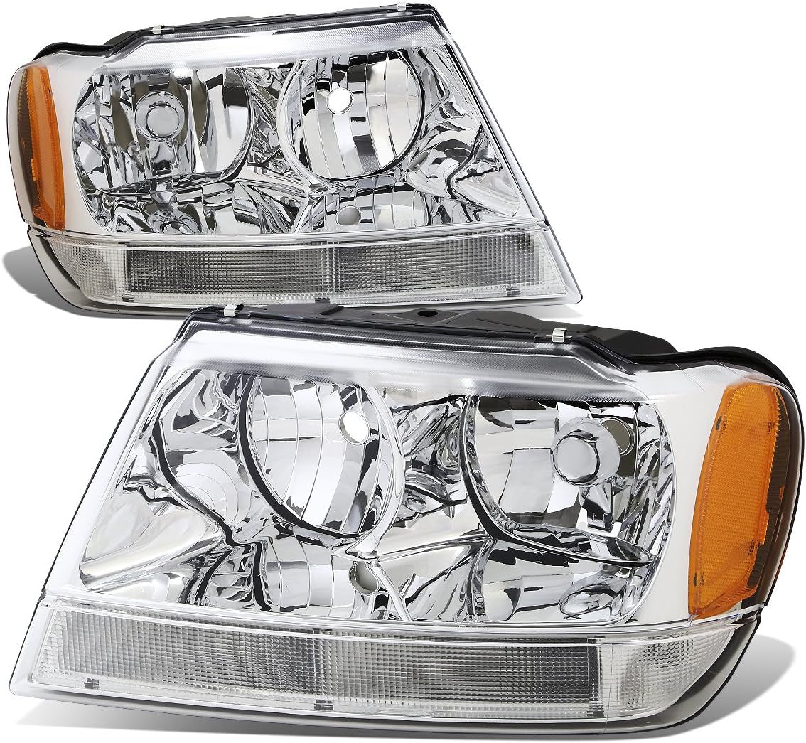 HL-OH-JGC99-CH-AM Chrome Amber Headlights Assembly Replacement Compatible with 99-04 Jeep Grand Cherokee