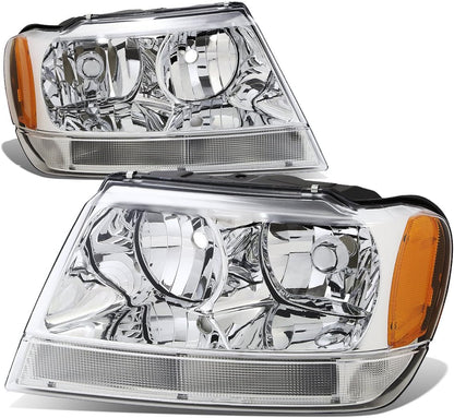 HL-OH-JGC99-CH-AM Chrome Amber Headlights Assembly Replacement Compatible with 99-04 Jeep Grand Cherokee