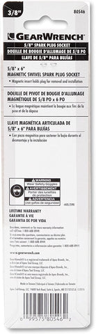 3/8" Drive 6 Pt. 5/8" X 6" Magnetic Swivel Spark Plug Socket - 80546
