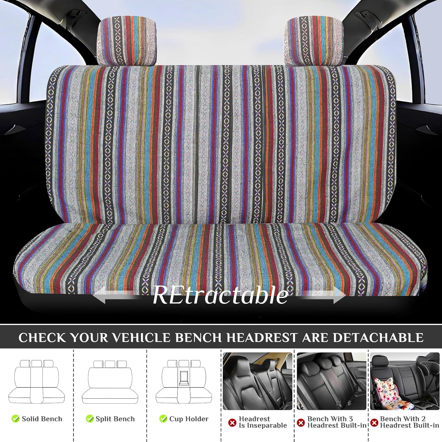 Boho Car Seat Covers Baja Saddle Blanket Seat Covers Full Set, Striped Woven Cloth Seat Covers for Cars with Seat Belt Pads and Steering Wheel Cover, Universal Fit for Sedan, SUV, Truck