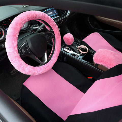 20 Pcs Car Seat Covers Full Set Car Accessories Includes Seat Protectors Fluffy Steering Wheel Cover Belt Shoulder Pads Handbrake Gear Cover Armrest Pad Women Men(Pink and Black)