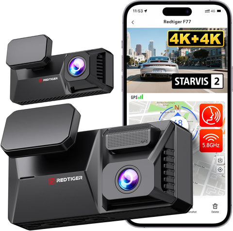 F77 4K+4K Front and Rear Dash Cam with HDR, Dual STARVIS 2 IMX678 Sensor, Voice Control Dash Camera for Cars with 128GB Emmc Storage, 5.8Ghz Wifi, 4'' Touch Screen, 24H Parking Mode