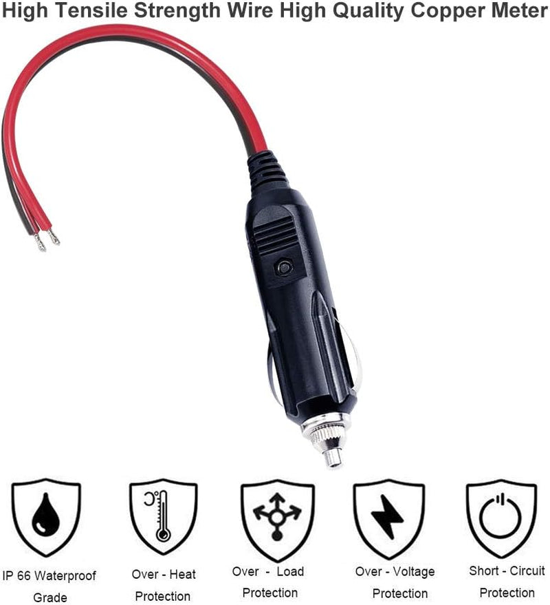 12V Replacement Cigarette Lighter Male Plug with Lead - 24V Car Power Adapter Auto Accessories with Led Lights, 15A Fuse (Male Plug to Tinned Terminal)