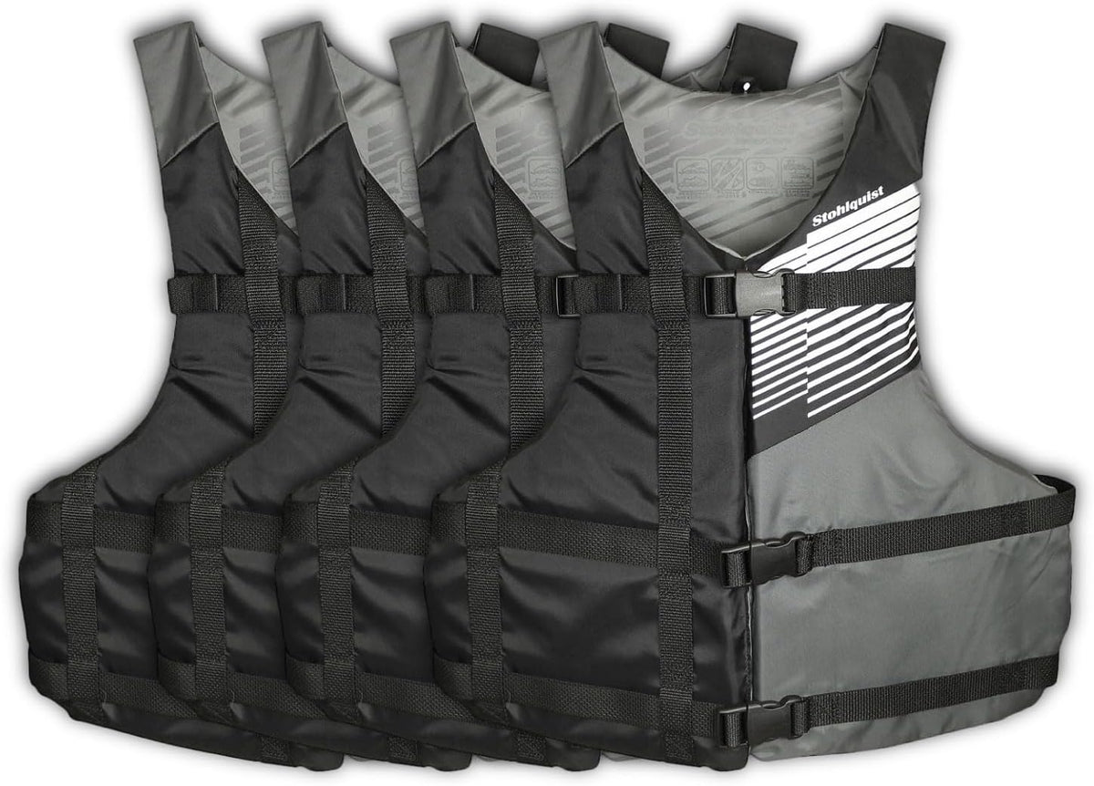 Universal Fit Adult Life Jacket PFD (4 Pack) US Coast Guard Approved, Life Vest for Men and Women 90+ Lbs, Lightweight Neoprene & Adjustable, Ideal for Boating, Kayaking & Water Sports.