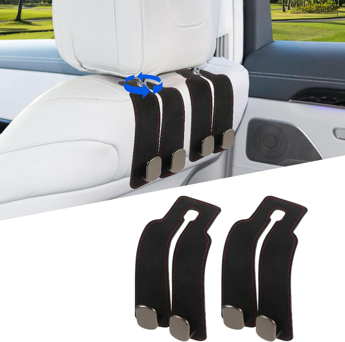 2 Pcs Multifunctional Headrest Hooks for Car, Premium Suede Material Purse Holder for Car, Double Car Seat Hooks for Headrest, Car Headrests Hook Fits Universal Car Seat Back Storage Hook
