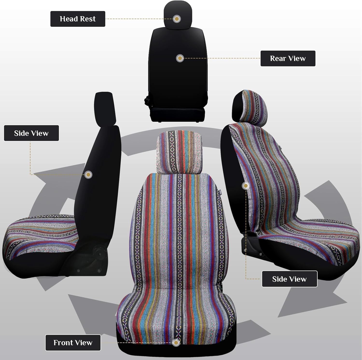 Boho Car Seat Covers Baja Saddle Blanket Seat Covers Full Set, Striped Woven Cloth Seat Covers for Cars with Seat Belt Pads and Steering Wheel Cover, Universal Fit for Sedan, SUV, Truck